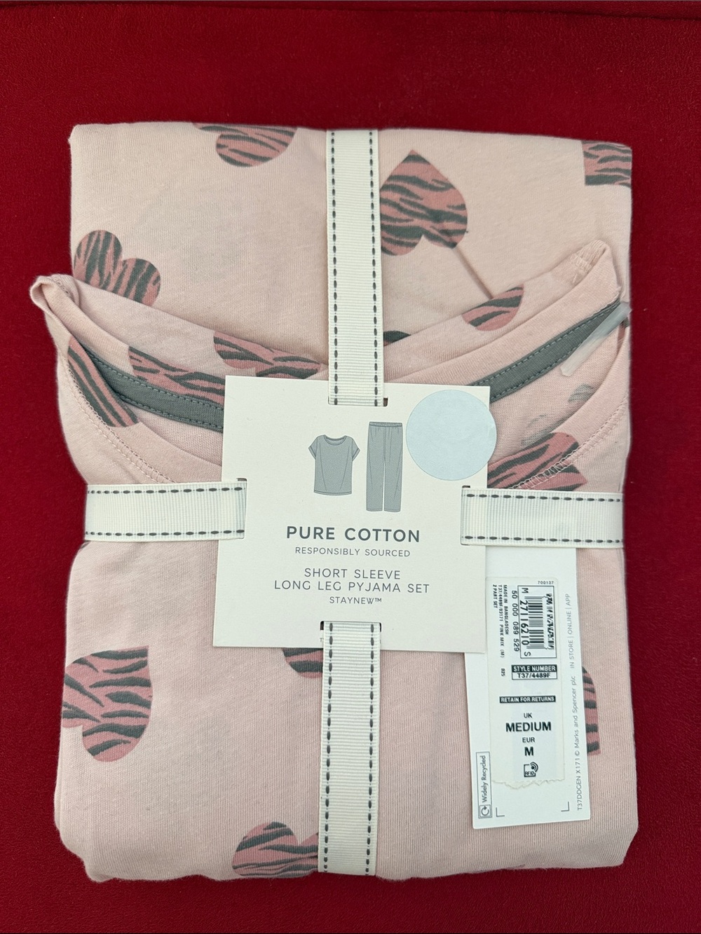 NWT 💯% Cotton Marks & Spencer pink & gray hearts Pajama Set.
